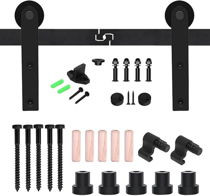 CCJH 9.6FT Single Sliding Barn Door Hardware Kit Black Carbon Steel Hanger Flat Track System for Closet Kitchen 1 Door 57 inch Wide, Smoothly and Quietly I Shape Roller