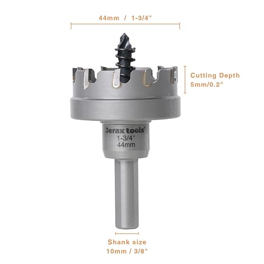 Tungsten Carbide Tipped Hole Cutter, 1-3/4 inch TCT Hole Saw with 5mm Hole Depth Heavy Duty for Stainless Steel, Mild Steel, Iron, Copper, Brass, Plastic