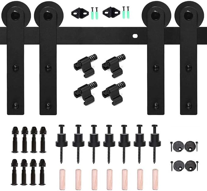 CCJH 14FT Sliding Barn Door Hardware Kit, Heavy Duty, Smoothly and Silently, Easy to Install, Fit 42" Width Double Door Panel, I Shaped Hangers Black
