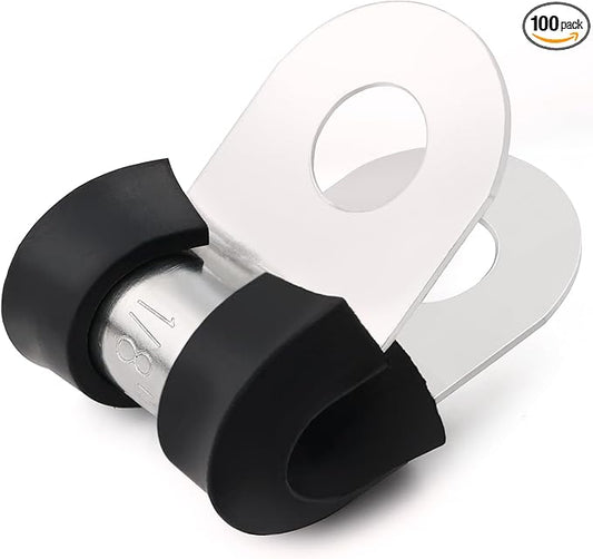 100PCS Cable Clamps 1/8 Inch 304 Stainless Steel Cable Clamps Rubber Coated Cushioned Insulated Cable Clamp,Automotive Wire Clamps,Pipe Clamps,Metal Clamp for Tube,Wire Cord Installation(3mm)