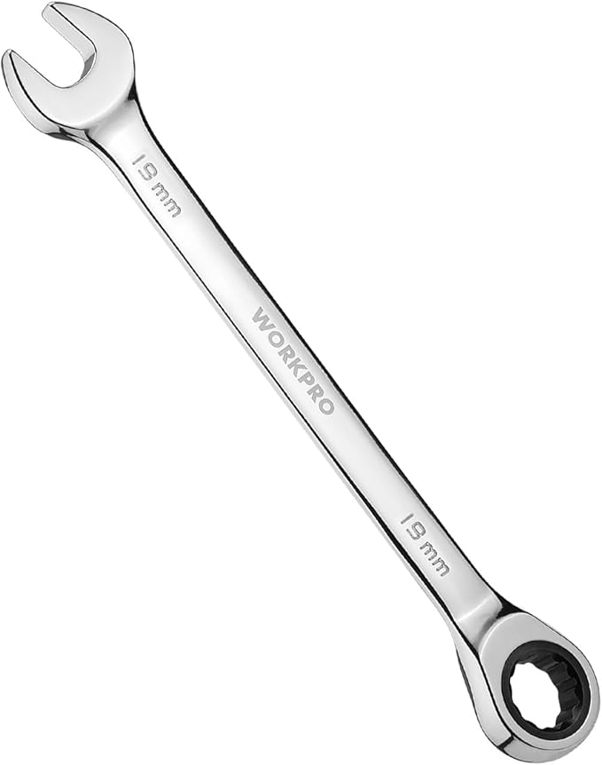 WORKPRO 19 mm Ratcheting Combination Wrench Metric, CR-V Constructed with Mirror Polish Chrome Plating, 12-Point Design, 15-Degree Offset