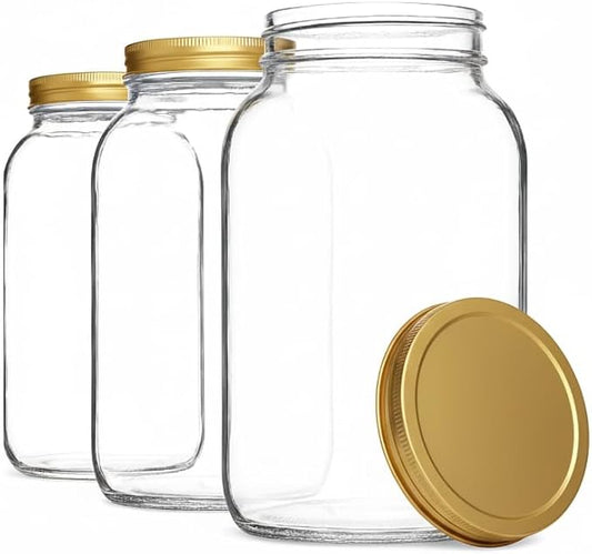 kitchentoolz Set of 3 One Gallon Large Glass Jar with Lid – Wide‑Mouth Gallon Mason Jar for Sun Tea, Pickling, Kombucha – 1 Gallon Glass Jug Made in USA