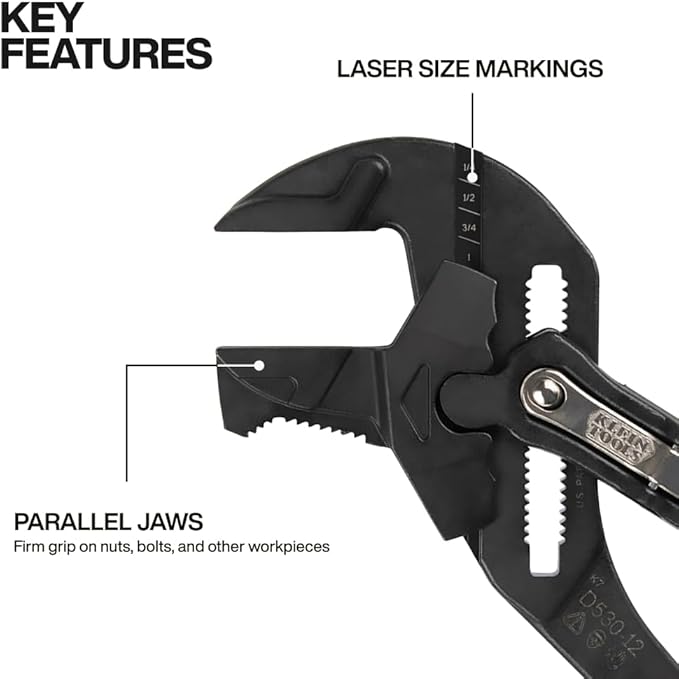 Klein Tools D53012 Plier Wrench, High Leverage Multi-Use Pump Plier with Adjustable and Reversible Double-Sided Jaw, Smooth and Knurled Teeth, 12-Inch