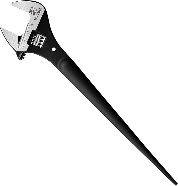 HAUTMEC 12 inch Adjustable Spud Wrench, Wide Jaw Up to 1-11/32"(34mm), Adjustable Spud Wrenches with Tail Pry Bar Features, Black Oxide Finish, Forged CR-V Steel Metric & SAE Scales with Tether Hole