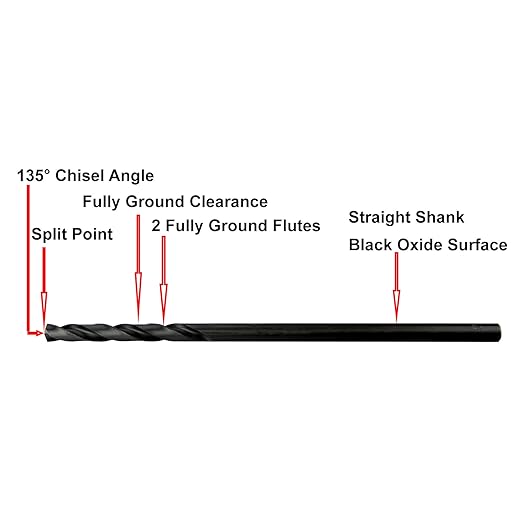 MAXTOOL 3/32"x12" 2pcs Identical Aircraft Extension Drills HSS M2 Extra Long Deep Twist Drill Bits Straight Shank Fully Ground Black; ACF02B12R06P2