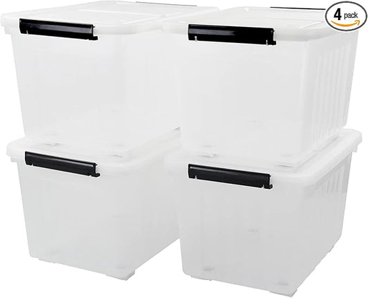 4-Pack Plastic Large Storage Box with Lid, Latching Storage Box Bin, Clear, 30 L