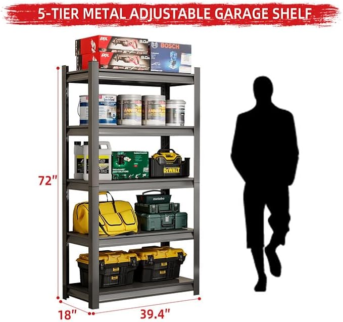 72''H 5-Tier Garage Storage Shelves, Heavy Duty Garage Shelving with Adjustable Shelves, 2800 LBS Load Capacity Metal Shelving Unit for Garage, Warehouse, Pantry