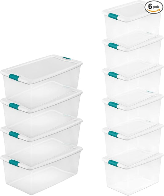 Sterilite 4 and 6 Pack Latching Storage Bins, Plastic Organizing Lidded Totes, 106 Qt and 64 Qt