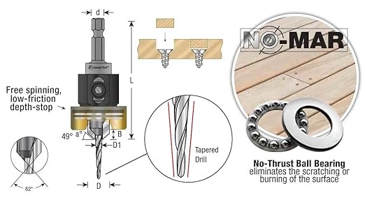 Amana Tool 55155 Carbide Tipped 82 Degree Countersink with Tapered Drill and Adjustable Depth Stop with No-Thrust BB 1/2 D x 3/16 Drill D x 1/4 Inch Quick Release Hex SHK