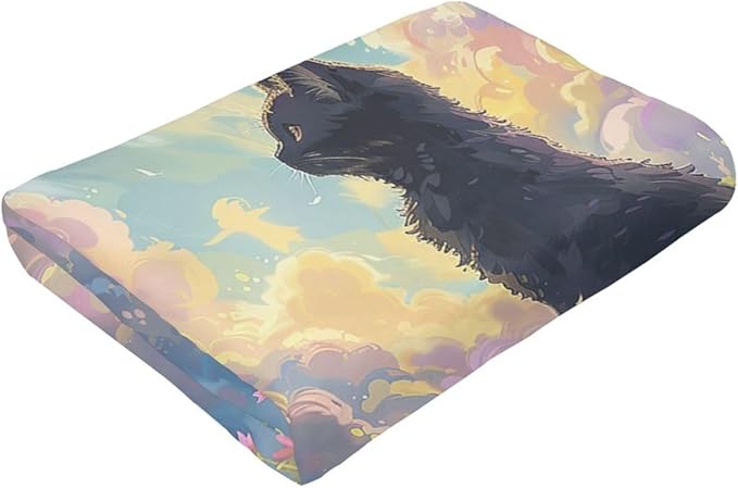 Cute Black Cat Throw Blanket Anime Cat Flannel Blankets Wild Landscape Fuzzy Plush Super Soft Cozy Warm Decor Gifts for Boys Girls Kids Adults Men Women 60" x 80"