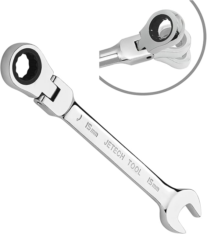 Jetech 15mm Flexible Ratcheting Wrench, Industrial Grade Cr-V Steel, 12 Point, Off Corner Design, 72 Tooth Ratchet, 180 Degree Flexible Box End