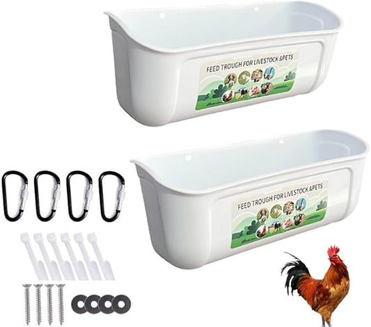 2 Pack Chicken Duck Dog Feeder, Poultry Feeders and Waterers, Hanging Goat Feeder, Livestock Feeding Container, Feed Trough and Waterer Bucket with Clips (White)