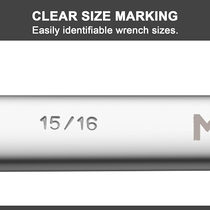 MAXPOWER 15/16 Inch Combination Wrench, Industrial Grade Spanners with 12 Point Box End, Durable Chrome Vanadium Steel with Off Corners Design, 15 Degree Offset - SAE