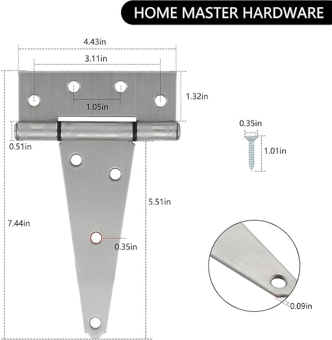 HOME MASTER HARDWARE 6 Inch Stainless Steel Gate Hinges for Wooden Fences Heavy Duty Tee Hinges,Shed Door Hinge,T-Strap Hinge for Outdoor Barns Gate with Screws 4 Pack