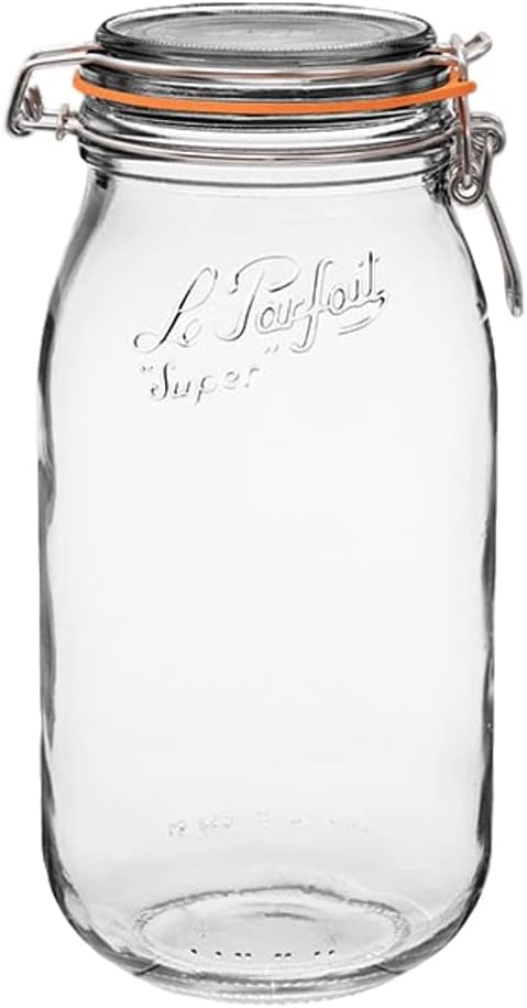 Le Parfait Super Jar - 2L French Glass Canning Jar w/Round Body, Airtight Rubber Seal & Glass Lid, 64oz/2 Quarts (Single Jar) Stainless Wire
