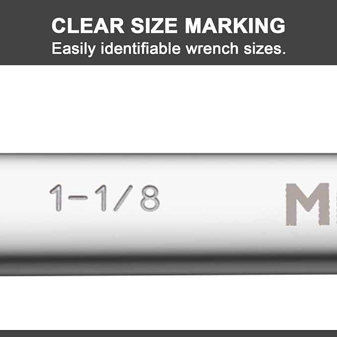 MAXPOWER 1-1/8 Inch Combination Wrench, Industrial Grade Spanners with 12 Point Box End, Durable Chrome Vanadium Steel with Off Corners Design, 15 Degree Offset - SAE