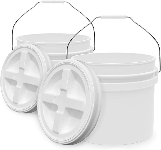 3.5-Gallon White Bucket Pail with Gamma Seal Screw on Airtight Lid, Heavy-Duty 90MIL Extra Durable, Food Grade, Metal Handles with Plastic Grip for Easy Carrying, Easy Stack & Store, BPA Free - 2 Pack