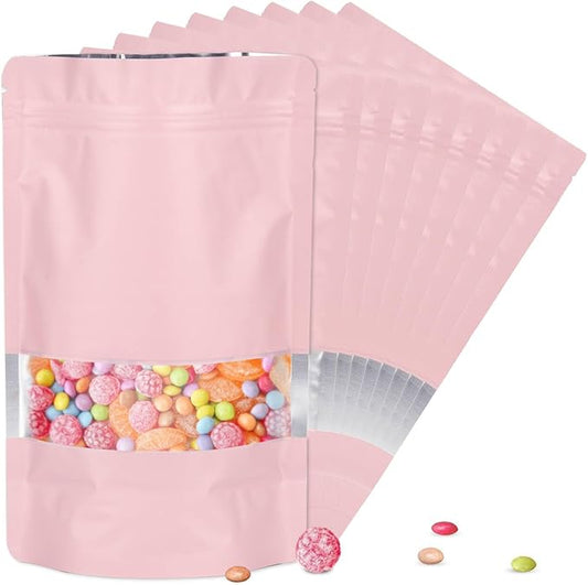 5.5"x7.8" 120pcs Mylar Bags for Food Storage,Smell Proof Bag with Matte Window Resealable Food Storage Bags for Small Business, Stand-up Foil Pouch Packaging Freeze Dried Candy Bag(Pink)