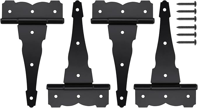 HOME MASTER HARDWARE 8 in Heavy Duty Decorative T Strap Hinge Rustproof Iron Black Gate Hinge,Tee Hinges for Storage Sheds, Gates Barns with Screws (4 Pack)