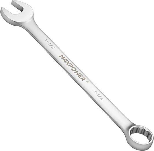 MAXPOWER 1-1/8 Inch Combination Wrench, Industrial Grade Spanners with 12 Point Box End, Durable Chrome Vanadium Steel with Off Corners Design, 15 Degree Offset - SAE