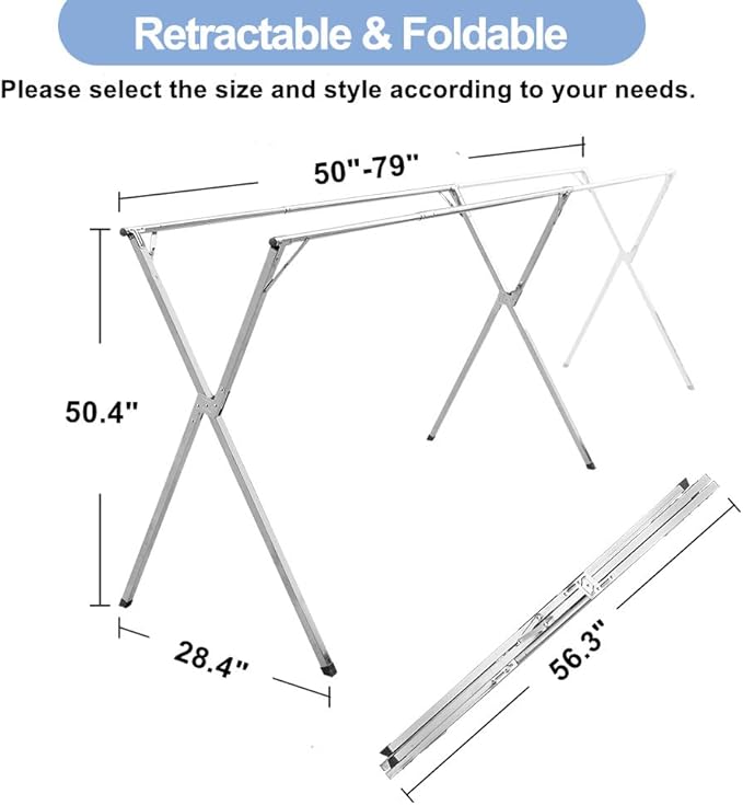 79in Premium Stainless Steel Clothes Drying Racks, Foldable and Adjustable Laundry Drying Rack Clothing for Indoor Outdoor