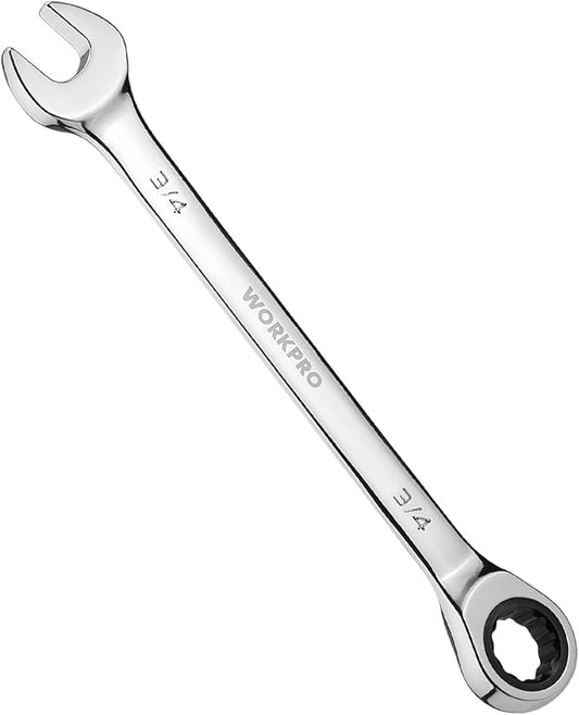 WORKPRO 3/4" Ratcheting Combination Wrench SAE, CR-V Constructed with Mirror Polish Chrome Plating, 12-Point Design, 15-Degree Offset