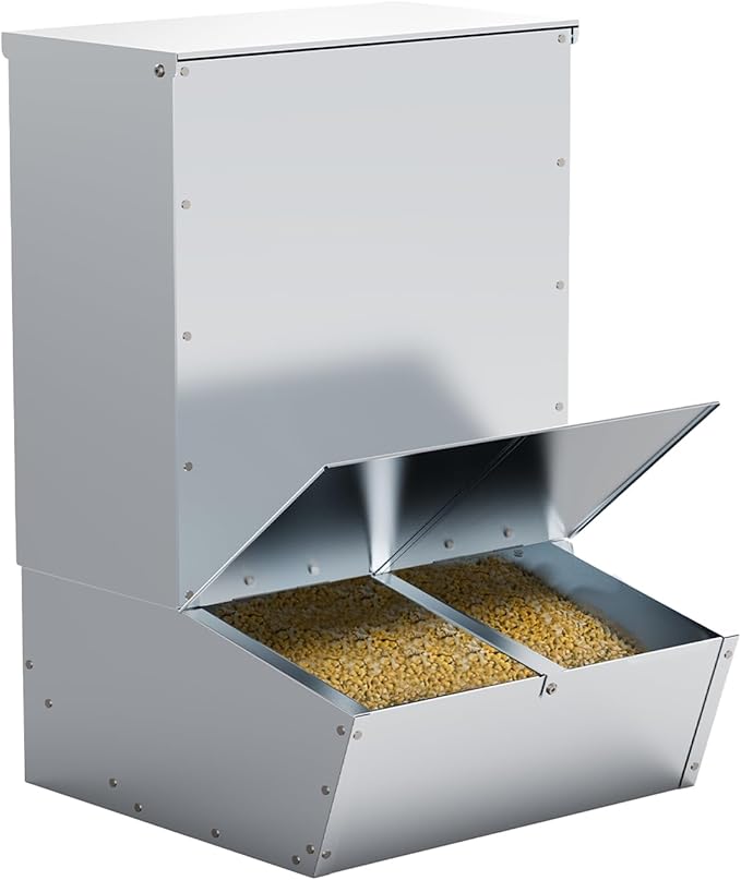 2 Door Hog Feeder, Heavy Duty Galvanized Steel Pig Feeder, 3.7 Bushels Capacity, Moisture Proof Piglet Creep Feeder, All Nuts Pre-Installed, Silver