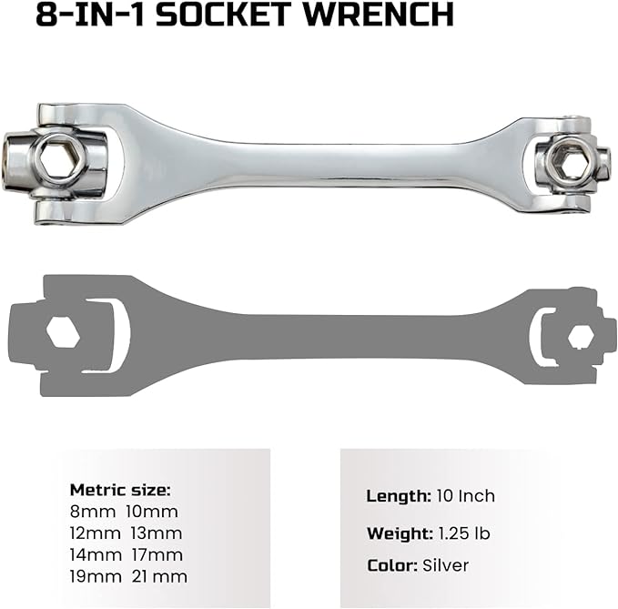 Lichamp 8-in-1 Socket Wrench Metric 8-21mm, Flexible Dog Bone Multi Functional Household Universal Hexagon Spanner, 360 Degree Rotating Head