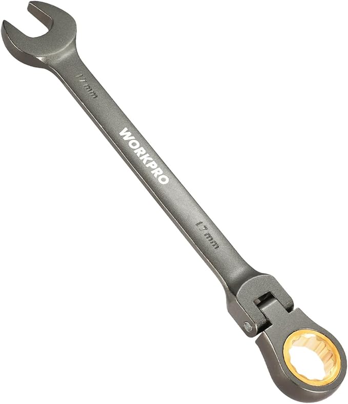 WORKPRO 17 mm Flex-Head Ratcheting Combination Wrench, Cr-V Constructed, Nickel Plating, 72-Teeth, 12 Point Design, Metric
