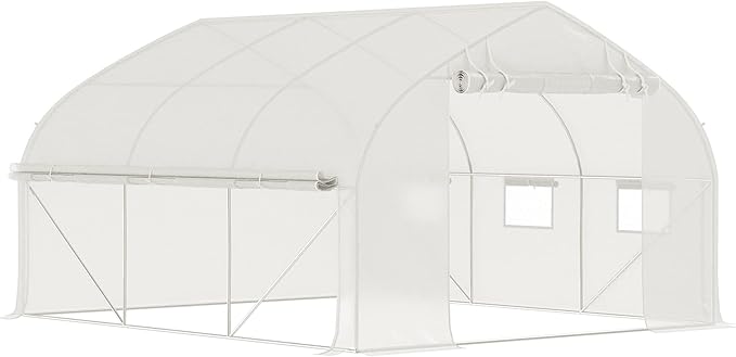 Outsunny 11.5' x 10' x 6.5' Walk-in Tunnel Greenhouse, Green House with Zippered Mesh Door, 7 Mesh Windows & Roll-up Sidewalls, Upgraded Gardening Plant Hot House with Galvanized Steel Hoops, White