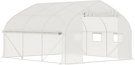 Outsunny 11.5' x 10' x 6.5' Walk-in Tunnel Greenhouse, Green House with Zippered Mesh Door, 7 Mesh Windows & Roll-up Sidewalls, Upgraded Gardening Plant Hot House with Galvanized Steel Hoops, White