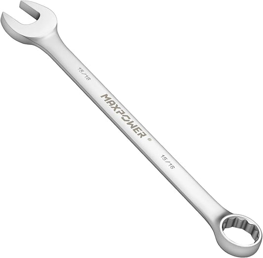 MAXPOWER 15/16 Inch Combination Wrench, Industrial Grade Spanners with 12 Point Box End, Durable Chrome Vanadium Steel with Off Corners Design, 15 Degree Offset - SAE