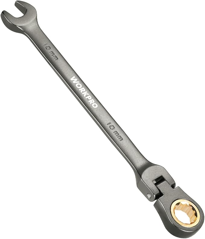 WORKPRO 10 mm Flex-Head Ratcheting Combination Wrench, Cr-V Constructed, Nickel Plating, 72-Teeth, 12 Point Design, Metric