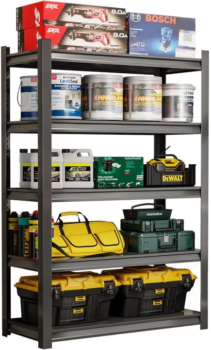 Metal Garage Storage Shelves, 5-Tier Adjustable Garage Shelving, 3000LBS Load Capacity Shelving Units and Storage, Heavy Duty Storage Shelves for Warehouse, Basement, Kitchen