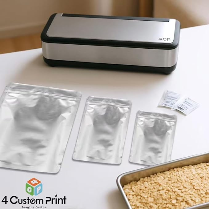 4CP Aluminum Mylar Bags, Food Storage with Oxygen Absorbers 300cc and Labels, Smell Proof Pouches, Thick 10 Mil Zipper Stand up Pouches, Long Term Food Container Sets 100 Pack