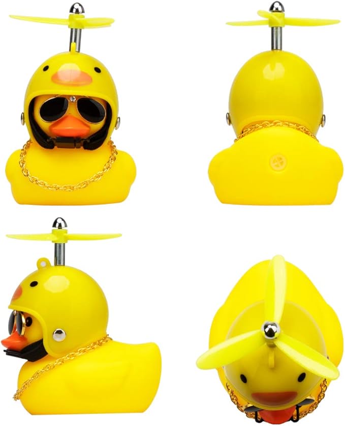 wonuu Rubber Duck Toy Car Ornaments Yellow Duck Car Dashboard Decorations Squeeze Duck Bicycle Horns with Propeller Helmet
