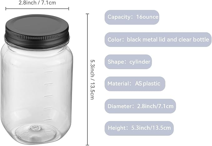 novelinks 16 oz Clear Plastic Jars with Screw-On Lids - BPA-Free Refillable Storage Containers for Slime, Food, Crafts, Kitchen & Household Use (10 Pack,Black)