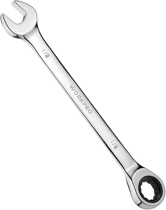 WORKPRO 1/2" Ratcheting Combination Wrench SAE, CR-V Constructed with Mirror Polish Chrome Plating, 12-Point Design, 15-Degree Offset