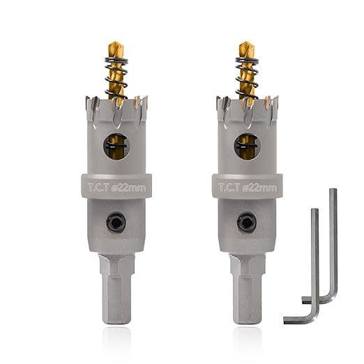 7/8" (22mm) Hole Saw Heavy Duty Carbide 2-Pack Tungsten Carbide Tipped Hole Cutters cuts Stainless Steel, mild Steel, Iron, Copper, Brass, Plastic Titanium-Plated Pilot Drill Bits