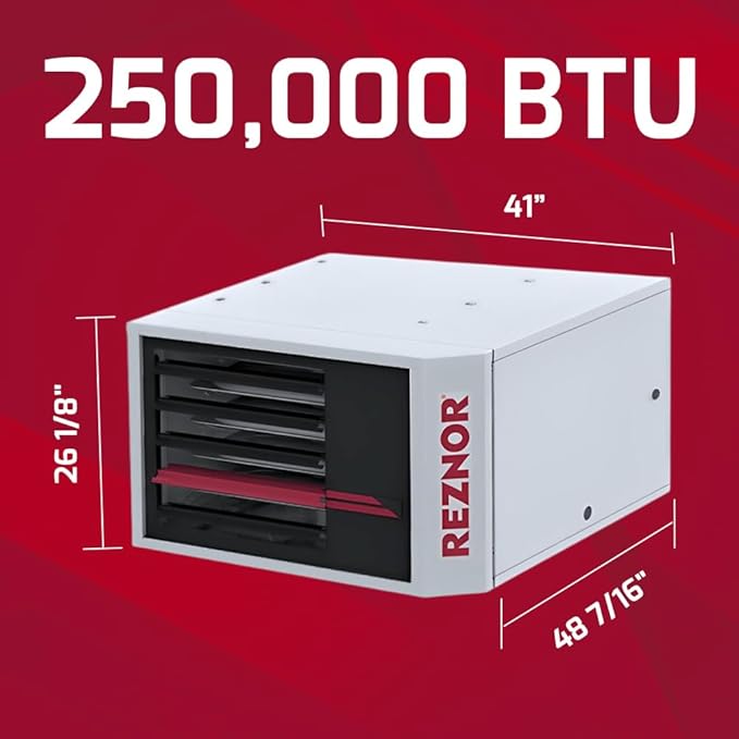 Reznor 250,000 BTU LP Gas Commercial Propane Heater | Garage, Warehouse, and Propane Shop Heater | Forced Air Unit, Ceiling Mount, Low Static Propeller Fan | Vertical Cat 1 B-Vent Kit | UDXC-250