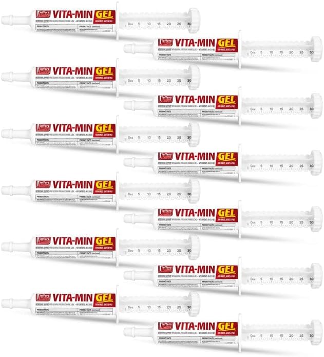 Jeffers Vita-Min Gel for Livestock & Horses – Multivitamin & Mineral Supplement with Selenium, Zinc, Potassium & Turmeric – Easy Oral Gel for Cattle, Goats, Sheep & Pig – 30 cc Tube - 12 Pack
