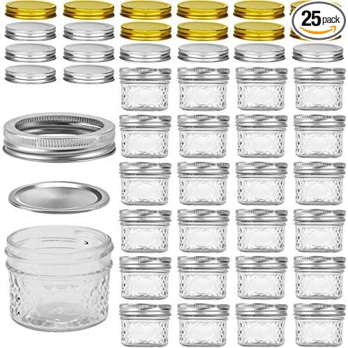 VERONES Mini Mason Jars, Mason Jars 4 oz With Regular Lids, Ideal for Jam, Honey, Wedding Favors, Shower Favors, DIY Spice Jars, 25 PACK, Extra 20 Lids