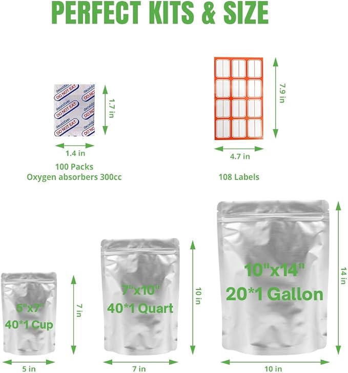 4CP Aluminum Mylar Bags, Food Storage with Oxygen Absorbers 300cc and Labels, Smell Proof Pouches, Thick 10 Mil Zipper Stand up Pouches, Long Term Food Container Sets 100 Pack