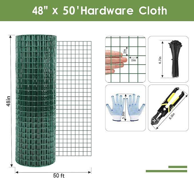 Tongmo 48" x 50' Green Chicken Wire Fencing, 19 Gauge Green Wire Fence, 1"x1" Mesh Size Metal Welded Wire Garden Fence Roll, Poultry Netting for Rabbit/Duck/Chicken