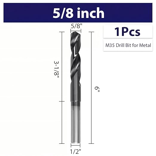 5/8 Inch Drill Bit for Metal - M35 Cobalt Titanium Aluminum Nitrite Industrial Grade, 5/8" Diameter 6" Total Length with 3-Flat Shank, Drills Steel, Cast Iron & Aluminum Alloys