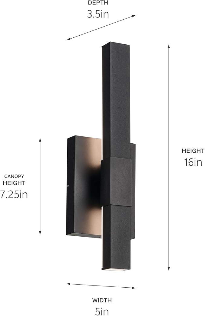 KICHLER Nocar LED Textured Black Modern Garage or Patio Outdoor Wall Light for Outdoor Walls, Exterior Doors, Garage, Porch or Patio Walls, 16"
