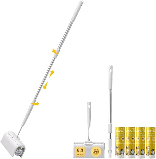 Large Surface Lint Roller with Extendable Long Handle Dust-Proof Cover 6.3'' Wider 240 Sheets, Long Handle Sticky Mop for Cleaning Furniture Carpet Floor Curtains and Pet Hair