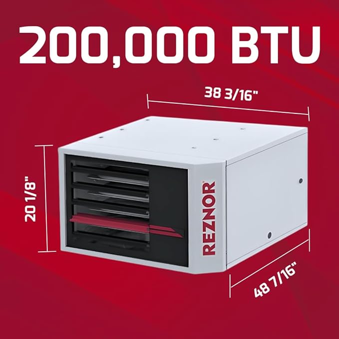 Reznor 200,000 BTU LP Gas Commercial Propane Heater | Garage, Warehouse, and Propane Shop Heater | Forced Air Unit, Ceiling Mount, Low Static Propeller Fan | Vertical Cat 1 B-Vent Kit | UDXC-200