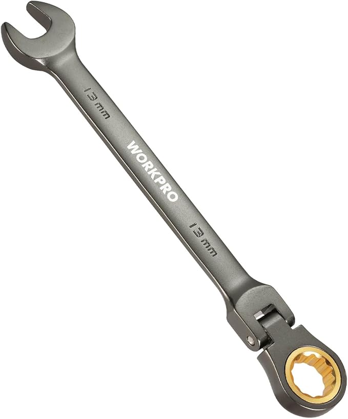 WORKPRO 13 mm Flex-Head Ratcheting Combination Wrench, Cr-V Constructed, Nickel Plating, 72-Teeth, 12 Point Design, Metric