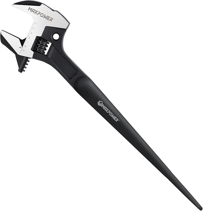 MAXPOWER 16-inch Adjustable Construction Spud Wrench, 4 in 1 Multifunctional Use for Spud Wrench, Adjustable Wrench and Hammer, Max Jaw Capacity Ups to 1.57"